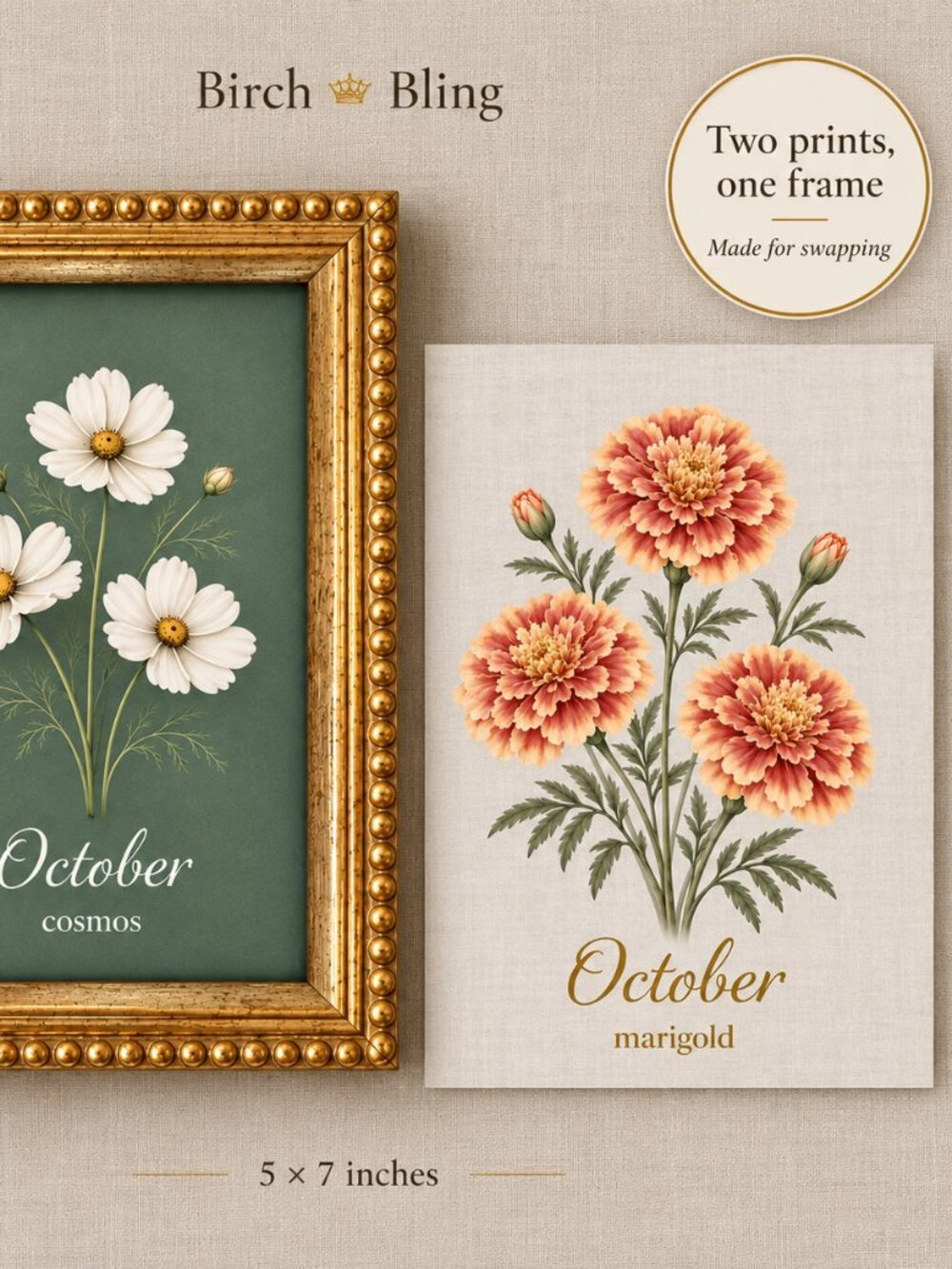 October Birth Flower Print Set, Cosmos & Marigold, Two 5x7 Physical Prints